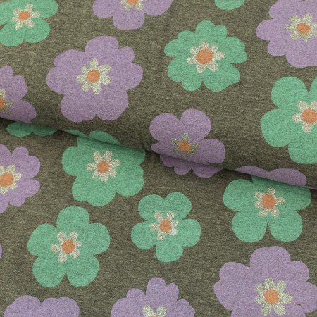 Tissu jersey coton - Fleurs vert lilas