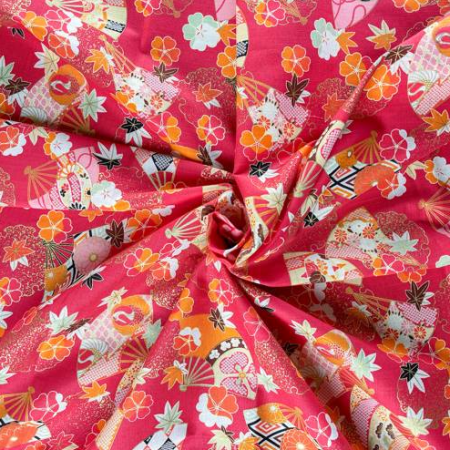 Tissu japonais - 1100 - Éventails et feuilles d'érable rose