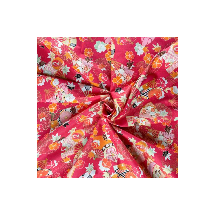 Tissu japonais - 1100 - Éventails et feuilles d'érable rose