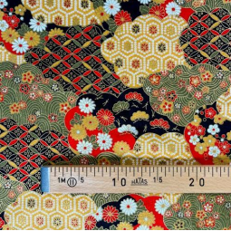 Tissu japonais - Naka 1750 - Shippo et fleurs noir