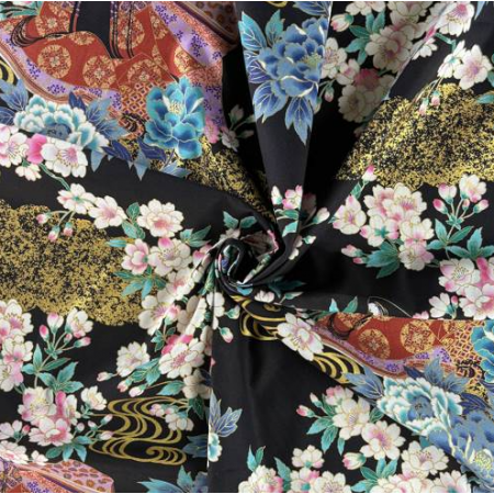 Tissu japonais - Naka 1750 - Pivoines et geisha noir