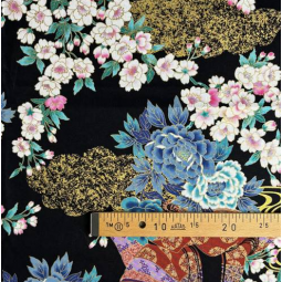 Tissu japonais - Naka 1750 - Pivoines et geisha noir