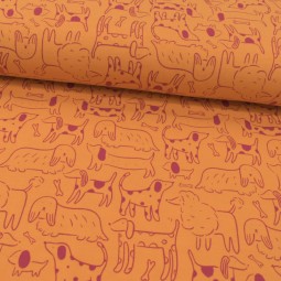 Tissu jersey coton - Dogs saumon & prune