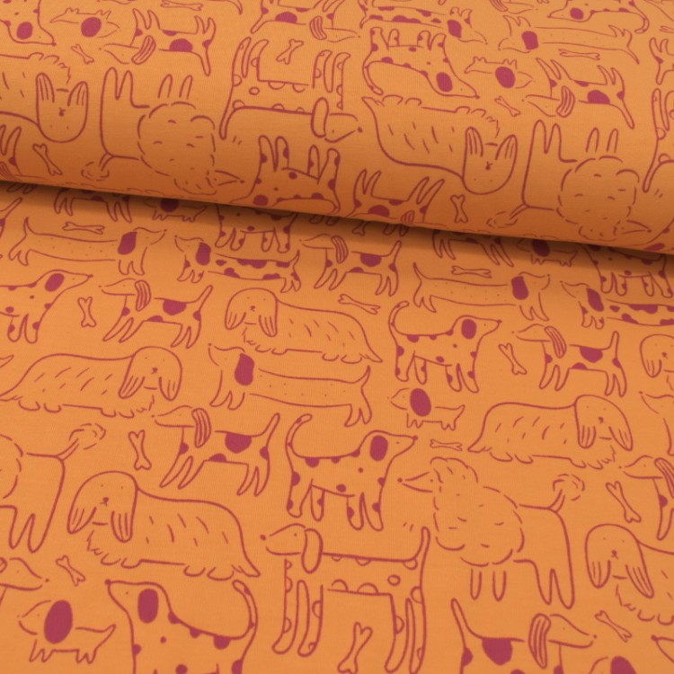 Tissu jersey coton - Dogs saumon & prune