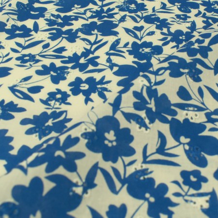 Tissu Broderie Anglaise - Fleurs bleues