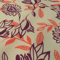 Tissu viscose lin - Bouquet rose et corail