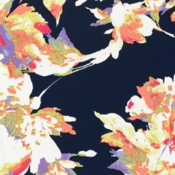 Tissu viscose satin - Fleurs marine