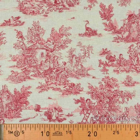 Tissu style toile de Jouy rouge lin