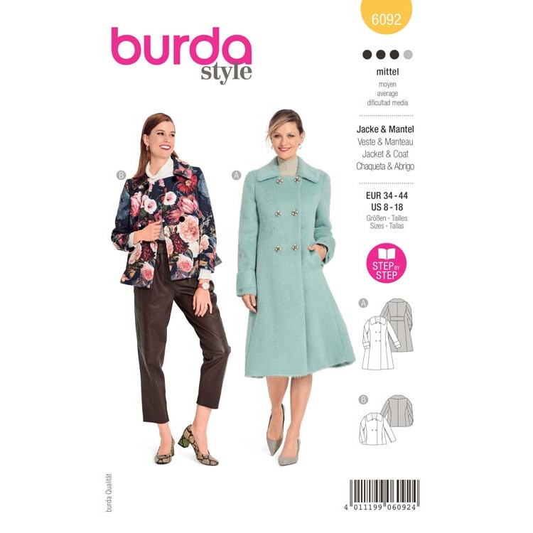 Patron Burda 6092 - Manteau, veste double boutonnage avec grand col