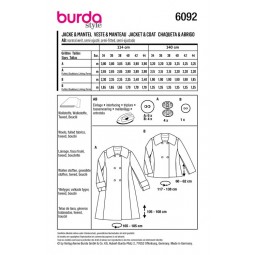 Patron Burda 6092 - Manteau, veste double boutonnage avec grand col