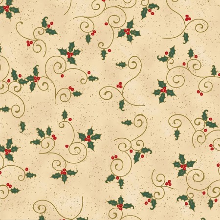 Tissu Noël - We love christmas - Feuille de houx beige