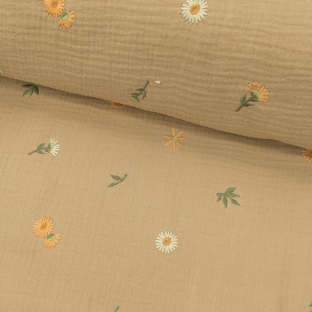 Tissu double gaze - Daisies fond beige