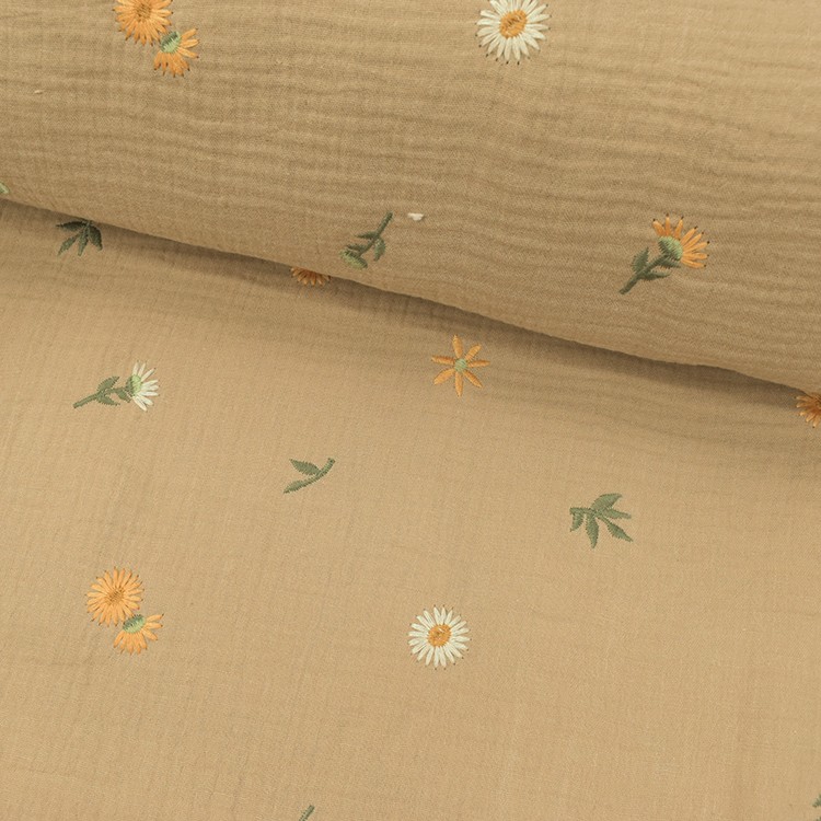 Tissu double gaze - Daisies fond beige