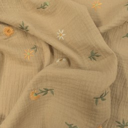 Tissu double gaze - Daisies fond beige